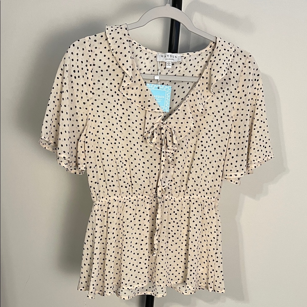 NWT Hayden Top Cream and Black Polka Dot V Neck Sheer Peplum Blouse Small